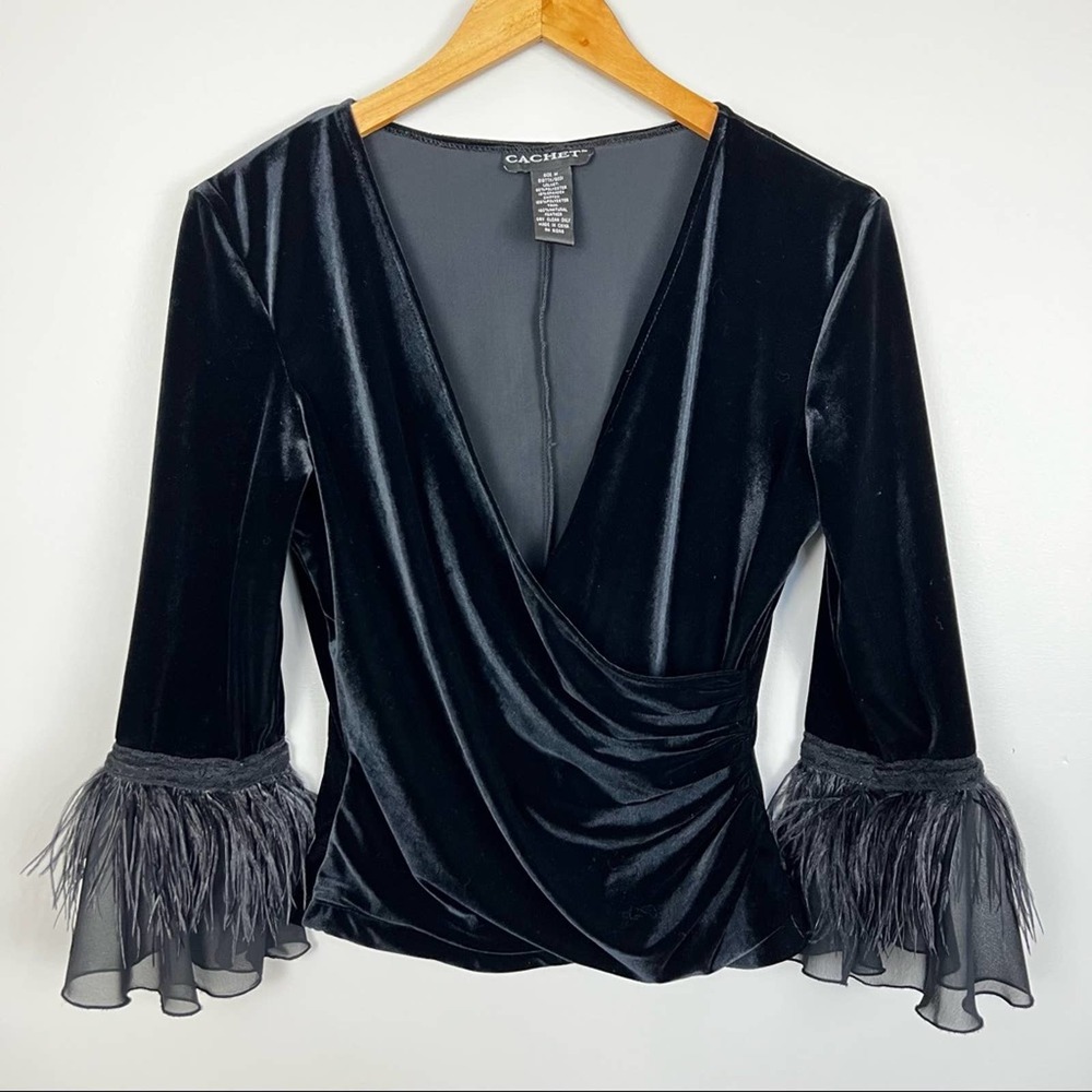 Cachet Black Velvet Wrap Top with Feathered Bell Sleeves